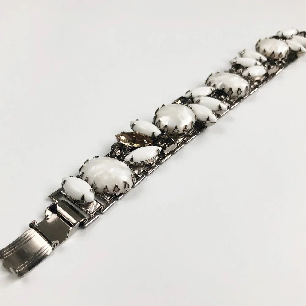 White rhinestone wide bracelet, accent silver mesh bracelet large fancy crystal
